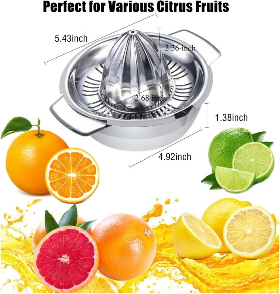 Citrus Lemon Orange Grapefruit Juicer Manual Squeezer 304 Stainless Steel Robust Hand Juicer Reamer Rotation Press with Strainer＆10oz Bowl, 2 Pour Spouts, Dishwasher Safe, Easy to Clean, Heavy Duty