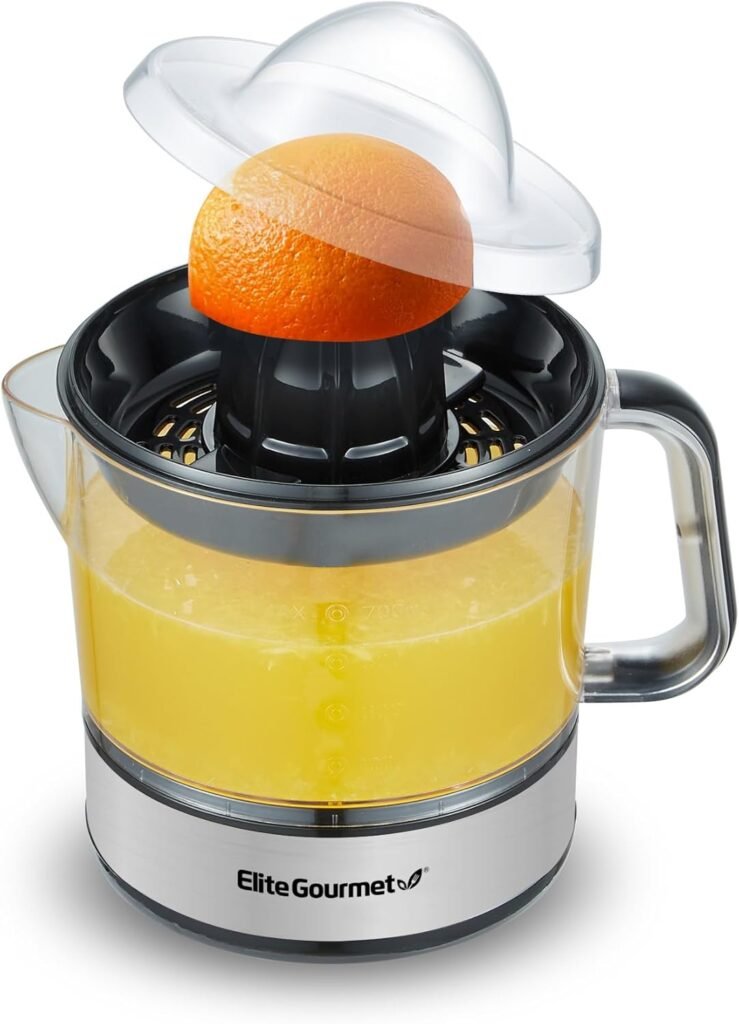 Elite Gourmet ETS623 BPA-Free Electric Citrus Juicer, Compact, Large Volume, Pulp Control, Oranges, Lemons, Limes, Grapefruits with Easy Pour Spout, 24oz, Black/Stainless Steel