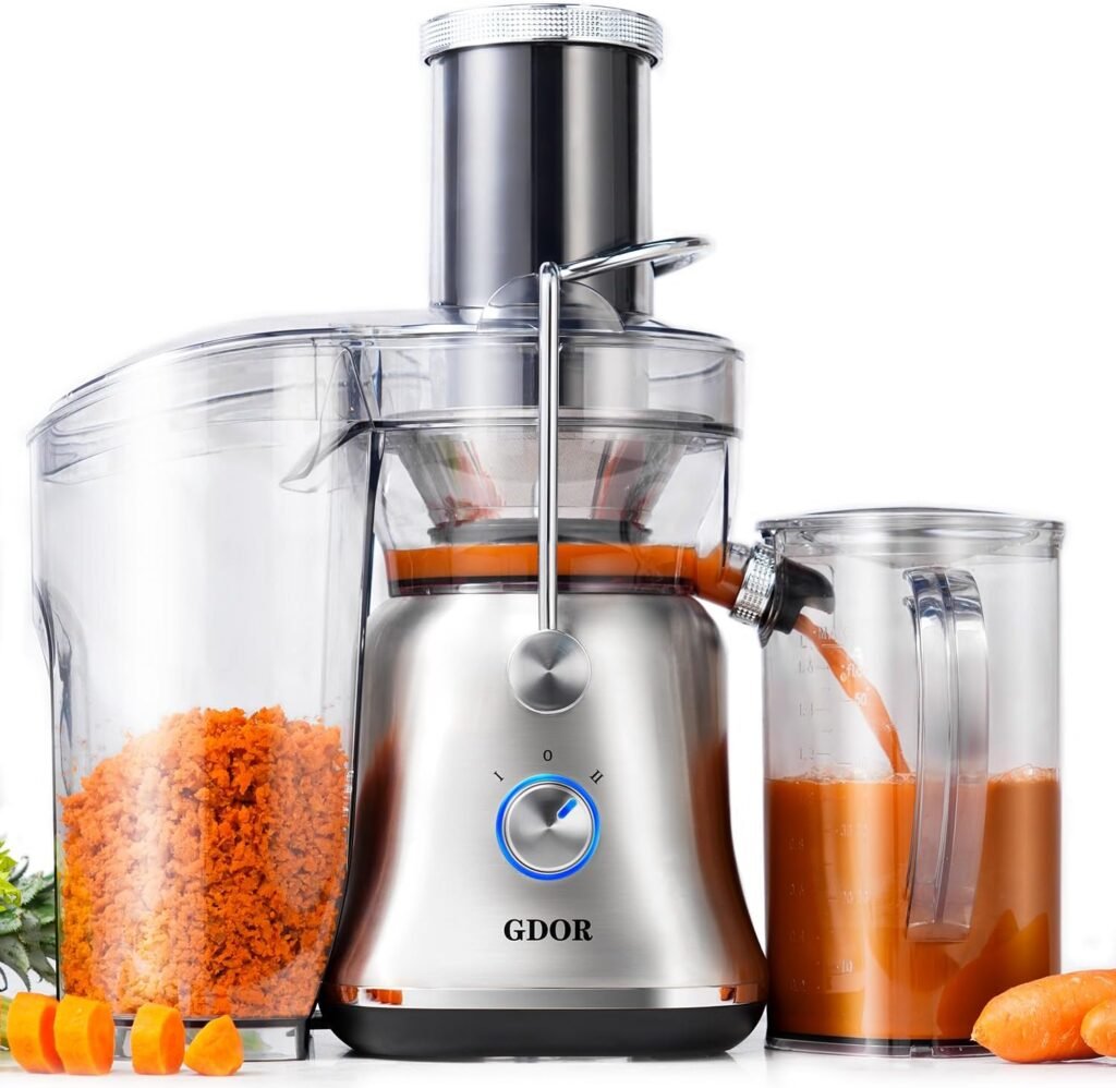 GDOR 1300W Powerful Juicer with Larger 3.4 Feed Chute, Titanium Enhanced Cutting System, Centrifugal Juice Extractor Maker with Heavy Duty Full Copper Motor, Dual Speeds, BPA-Free, Silver