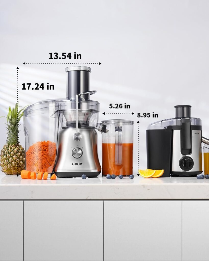 GDOR 1300W Powerful Juicer with Larger 3.4 Feed Chute, Titanium Enhanced Cutting System, Centrifugal Juice Extractor Maker with Heavy Duty Full Copper Motor, Dual Speeds, BPA-Free, Silver