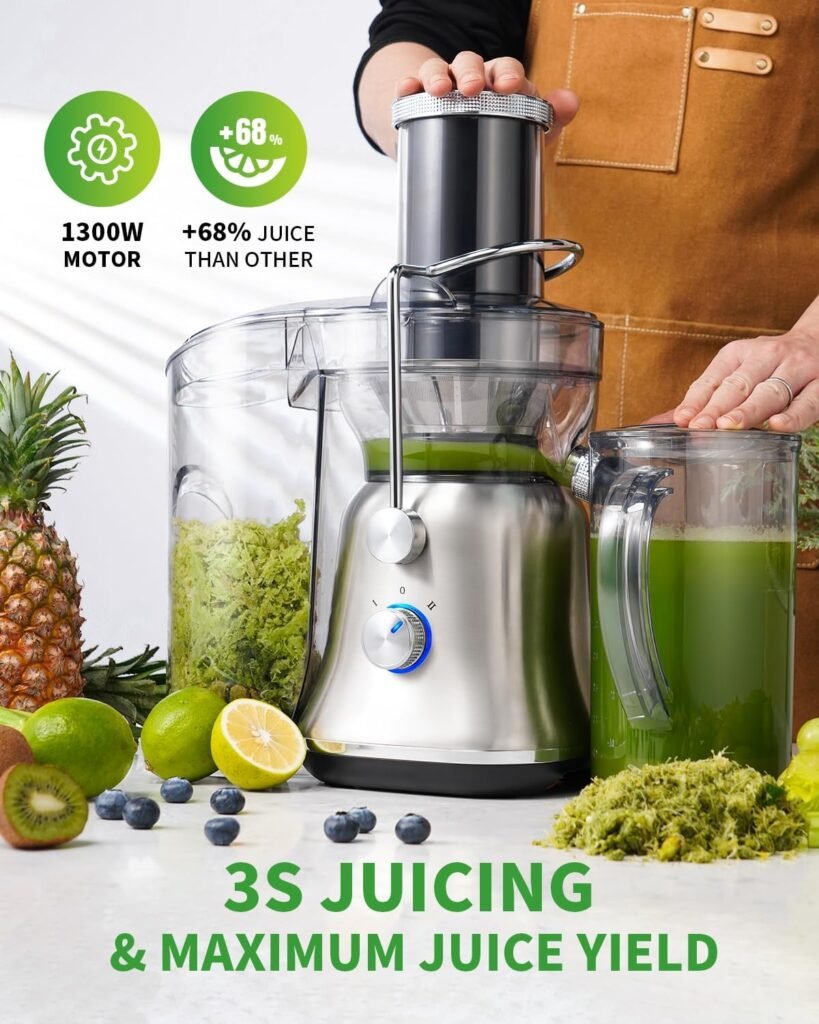 GDOR 1300W Powerful Juicer with Larger 3.4 Feed Chute, Titanium Enhanced Cutting System, Centrifugal Juice Extractor Maker with Heavy Duty Full Copper Motor, Dual Speeds, BPA-Free, Silver