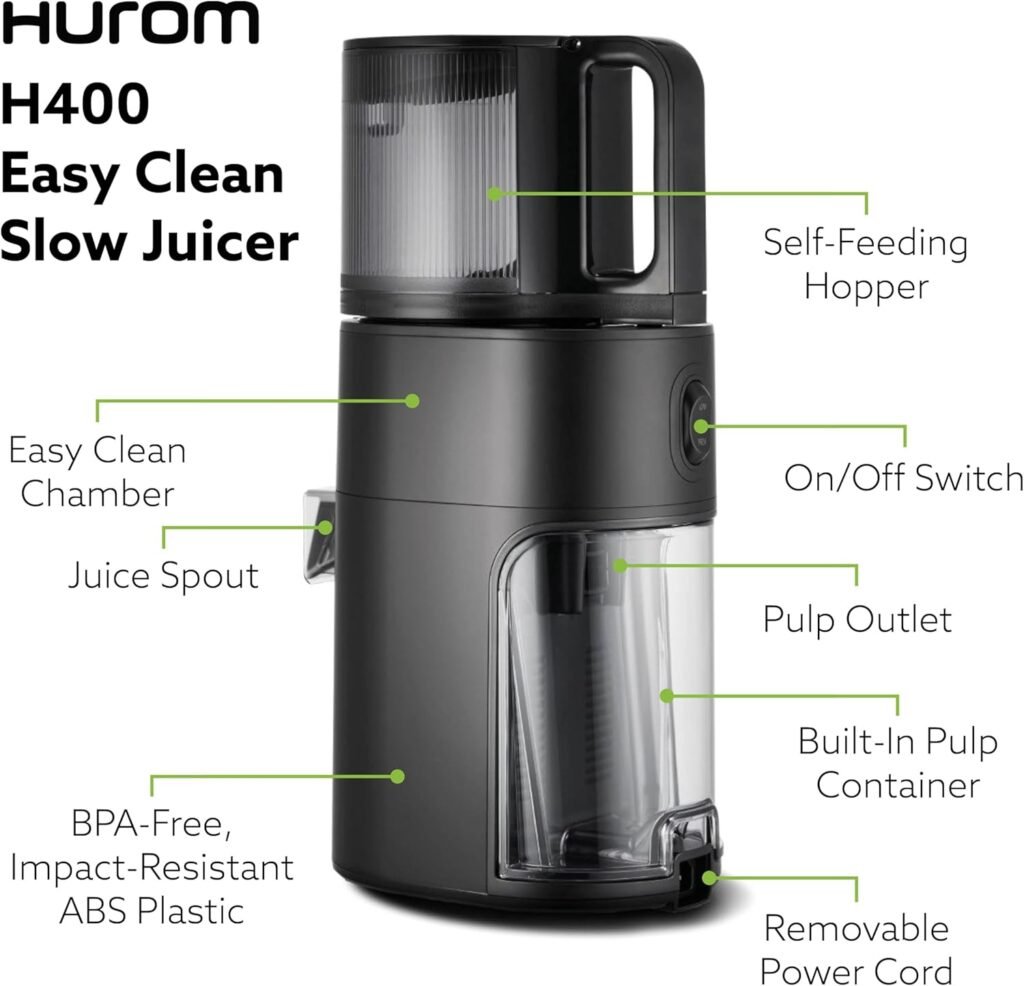 Hurom H400 Easy Clean Slow Juicer, Matte Black | Hands Free | Hopper Fits Whole Produce | Quiet Motor | Scrub Free Cleaning | BPA Free | Easy Assembly | Healthy Living | Cold Press Masticating Juicer