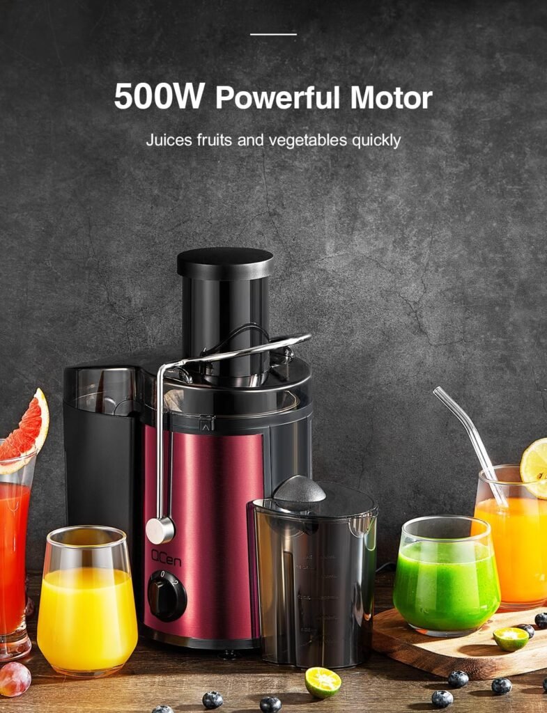 QCen Juicer Machine, 500W Centrifugal Juicer Extractor with Wide Mouth 3” Feed Chute for Fruit Vegetable, Easy to Clean, Stainless Steel, BPA-free (Aqua)