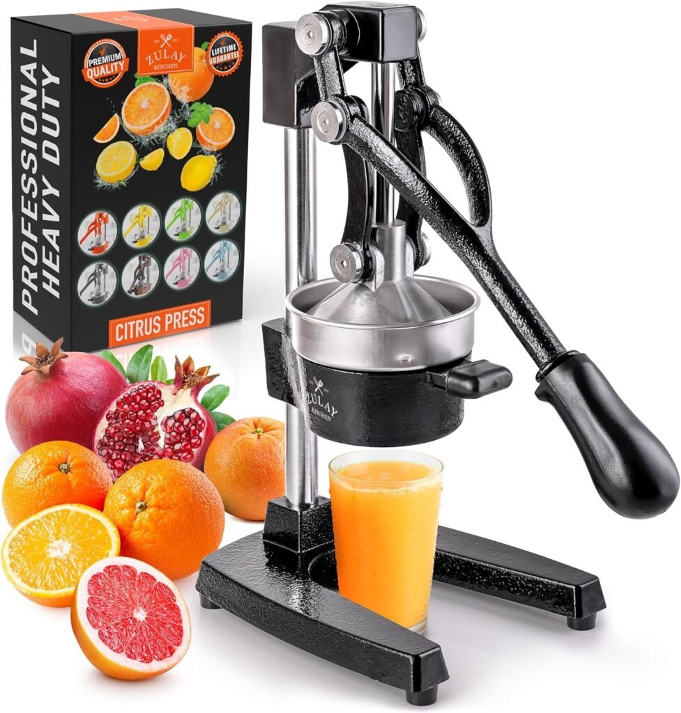 Zulay Kitchen Cast-Iron Orange Juice Squeezer - Heavy-Duty, Easy-to-Clean, Professional Citrus Juicer - Durable Stainless Steel Lemon Squeezer - Sturdy Manual Citrus Press Orange Squeezer (Black)